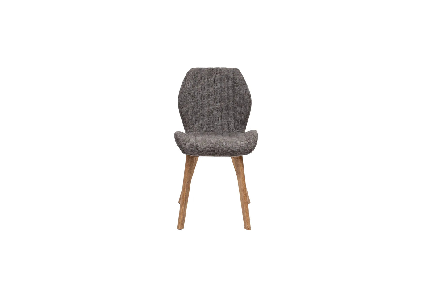 A modern dining chair with a textured gray upholstered seat and backrest, supported by four tapered light brown wooden legs, shown against a plain white background.
