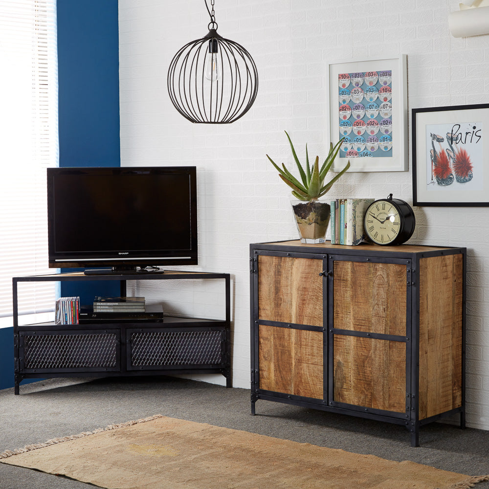 Ascot Corner TV Unit made from up-cycled reclaimed industrial wood