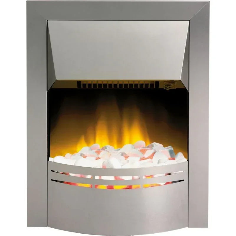 chrome inset electric fire with glowing embers and realistic flame effect