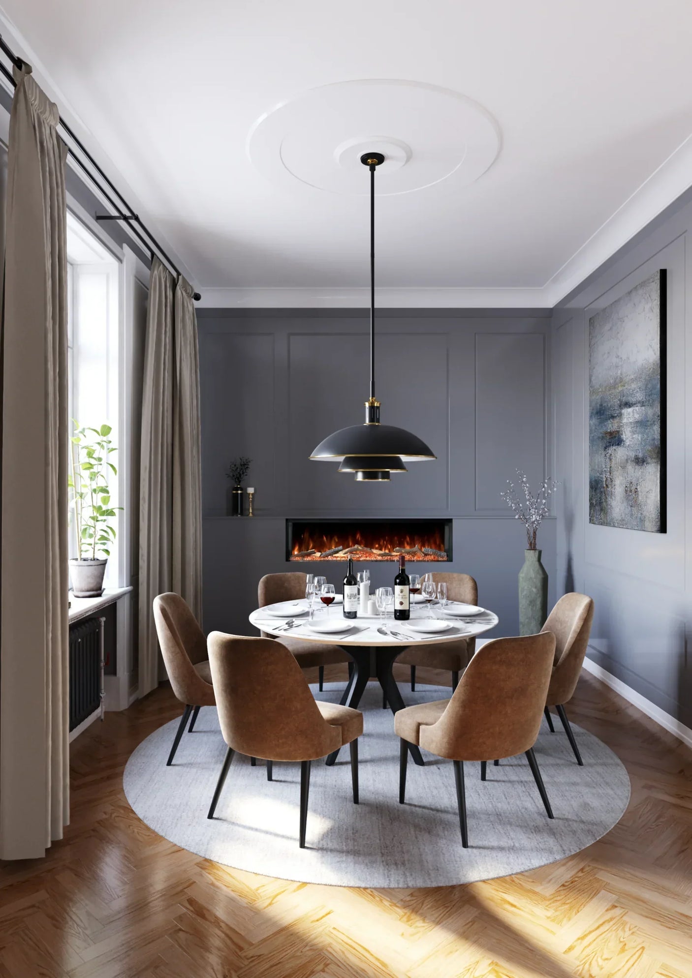 Modern dining table set with six tan chairs, round marble top, grey walls, and fireplace