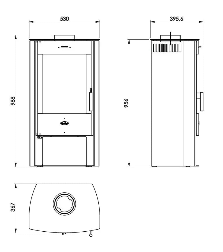Wood burning stove technical drawing with front, side, and top measurements shown