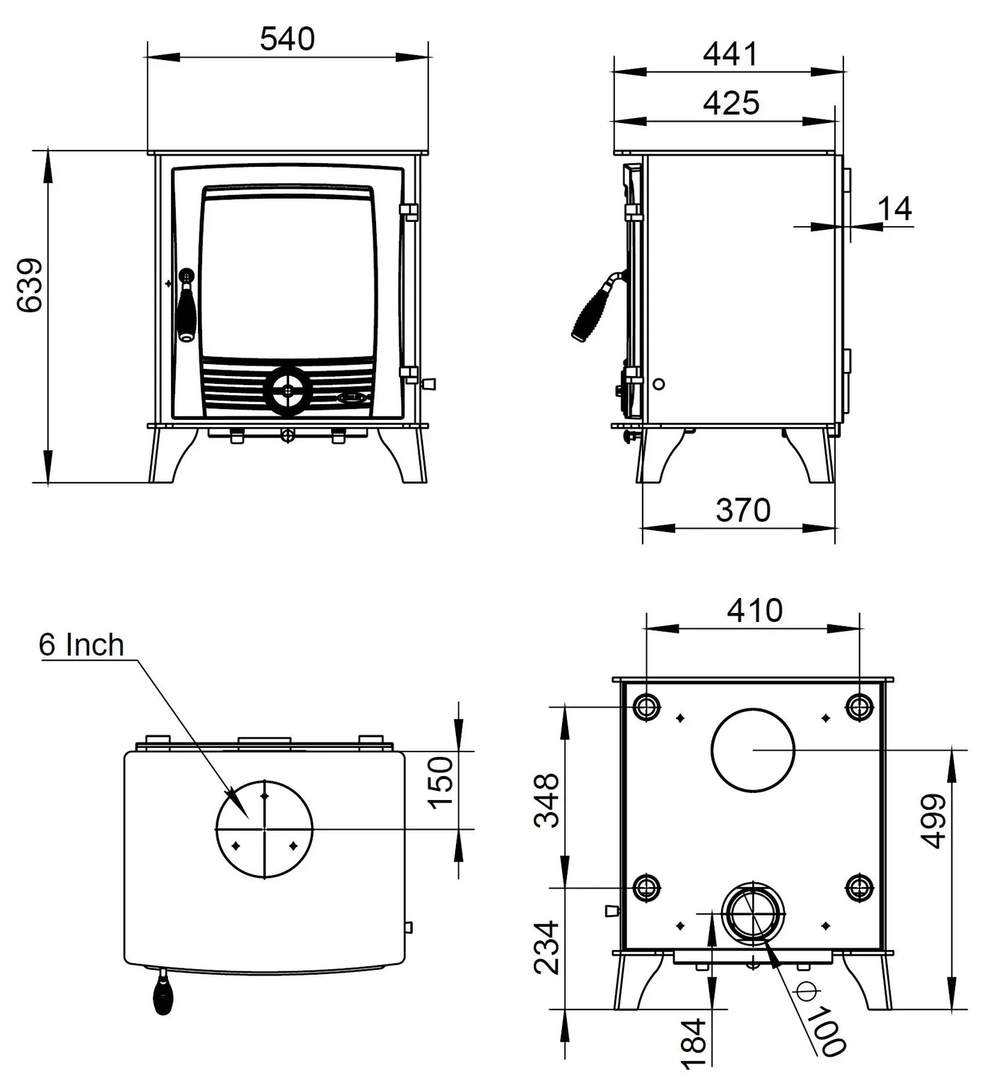 Druid 12 boiler stove technical diagram with front, side, top, and rear measurements