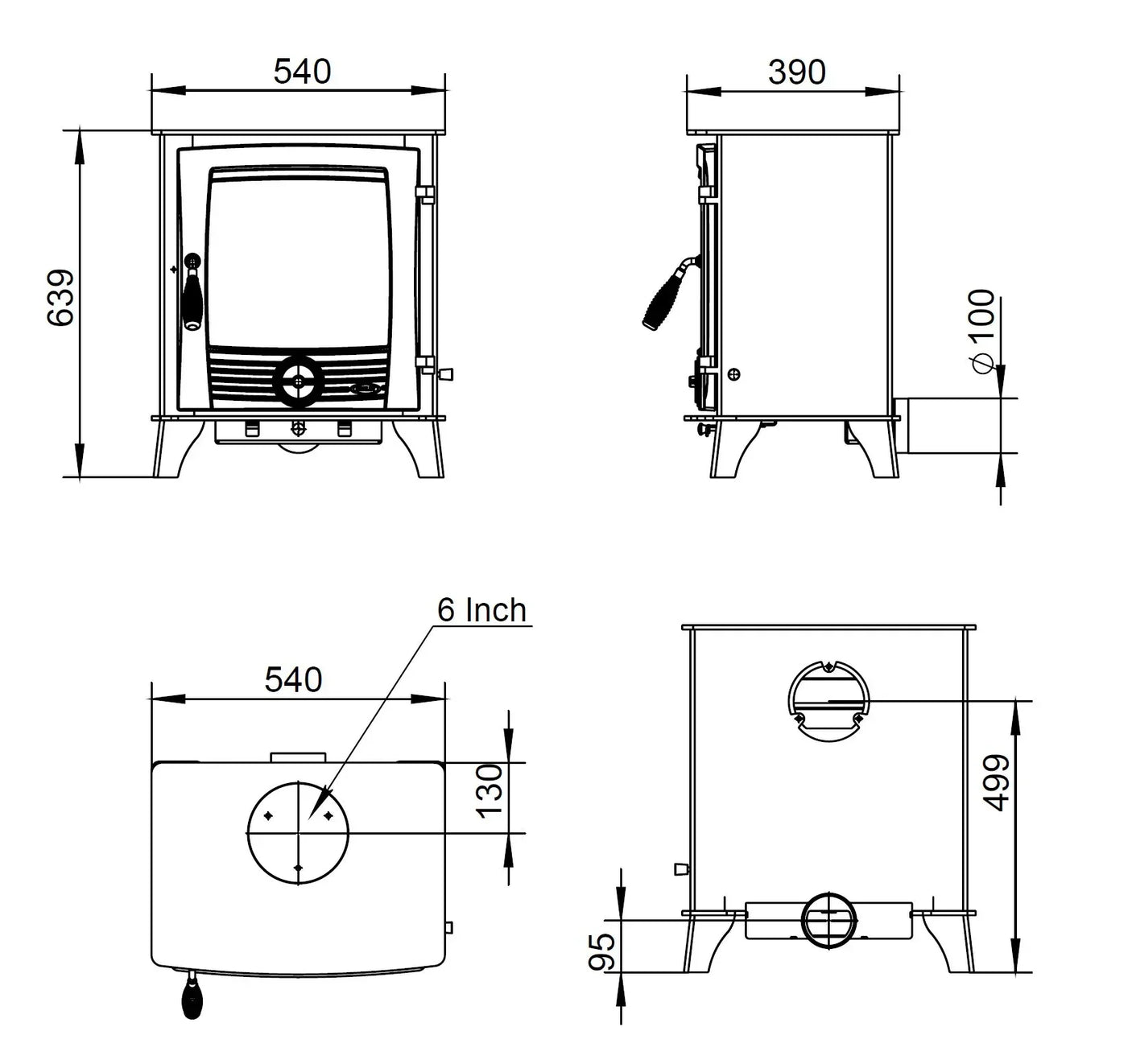Druid 12 dry stove technical drawing showing front, side, top and rear dimensions