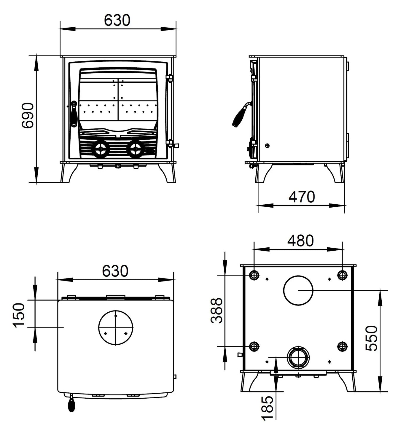 Boiler stove technical drawing with front, side, top, and rear views plus measurements