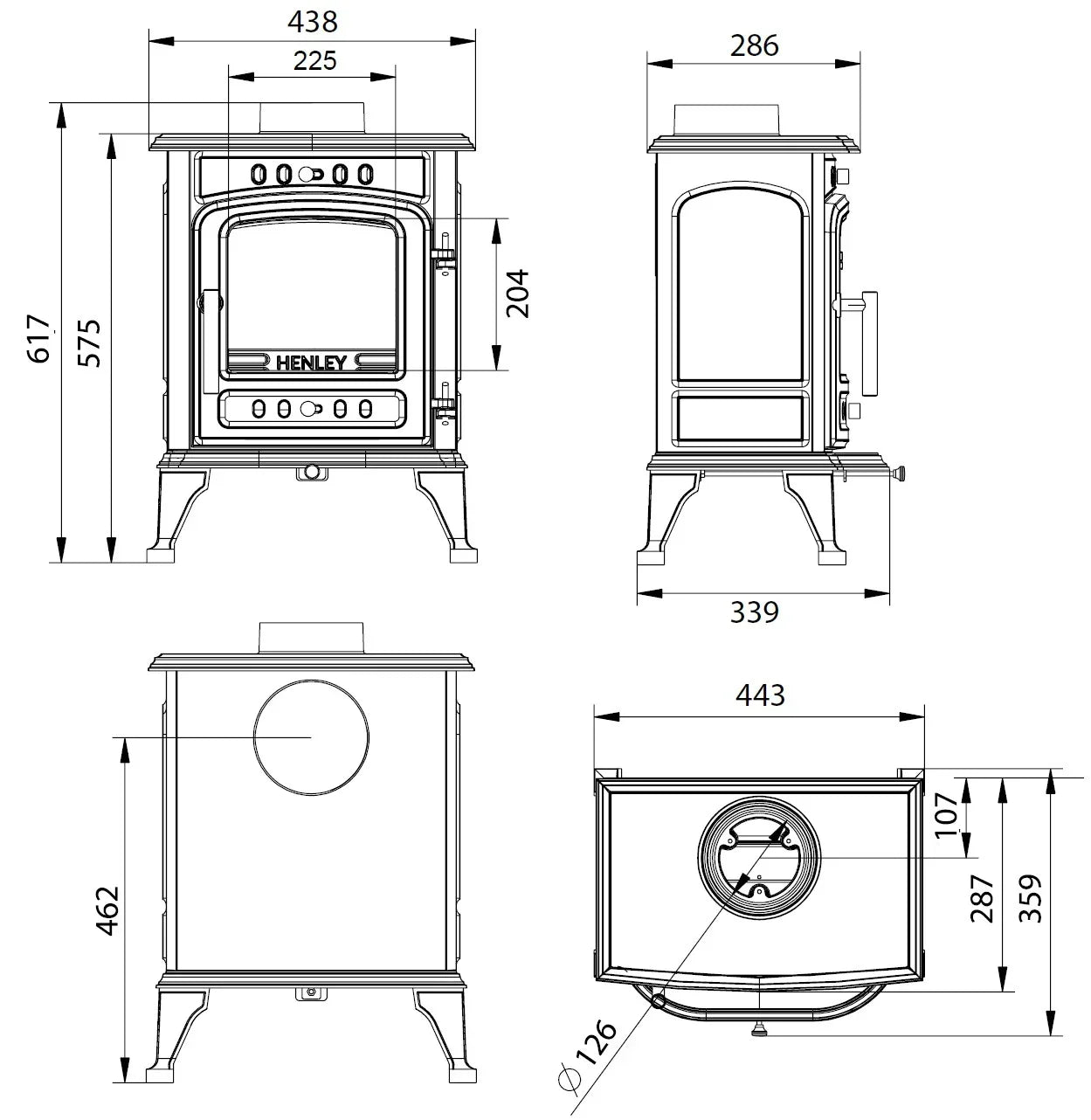 Cast iron wood burning stove technical drawing with front, side, and top dimensions