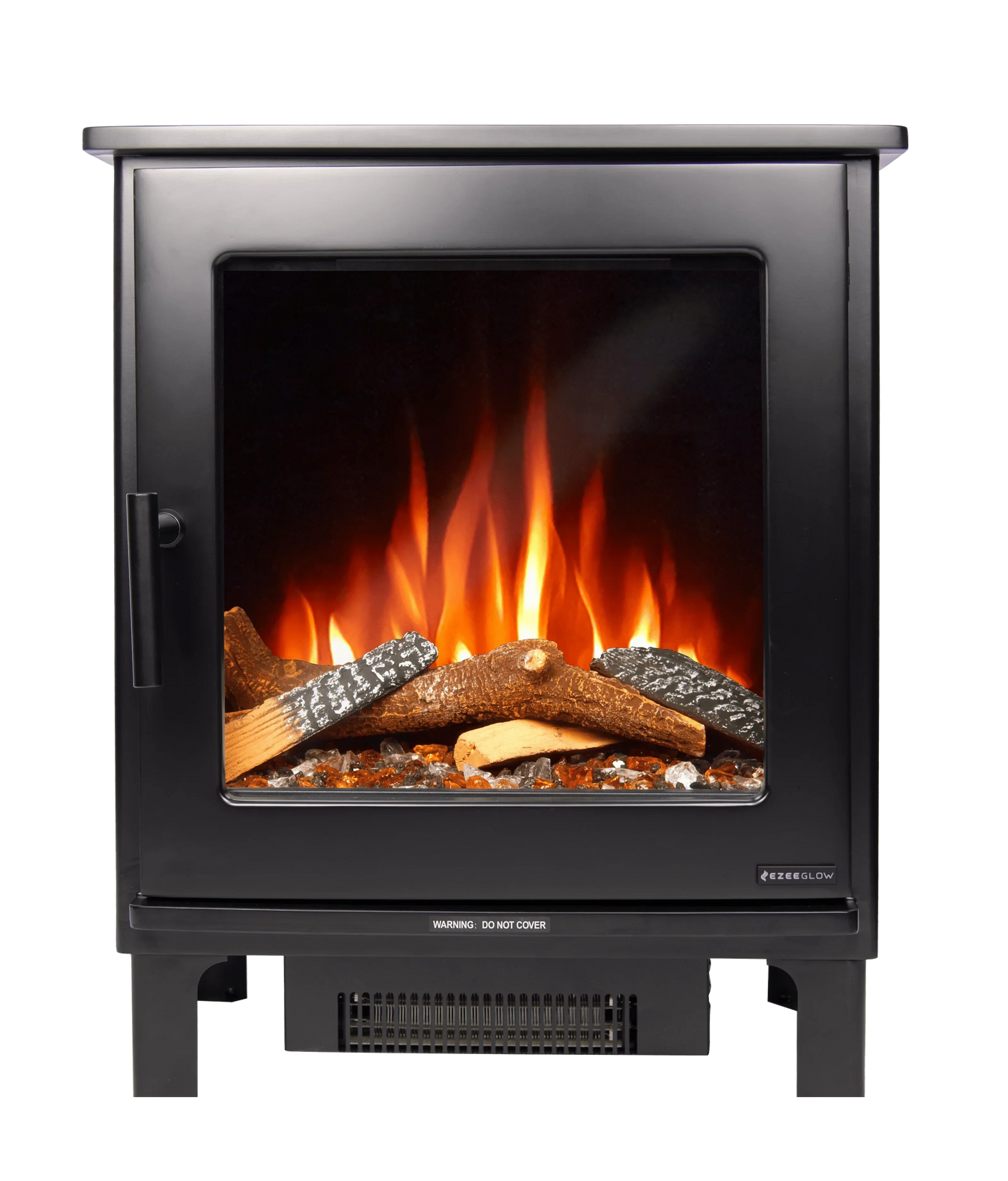 Black electric stove heater with realistic log and flame effect in glass front panel
