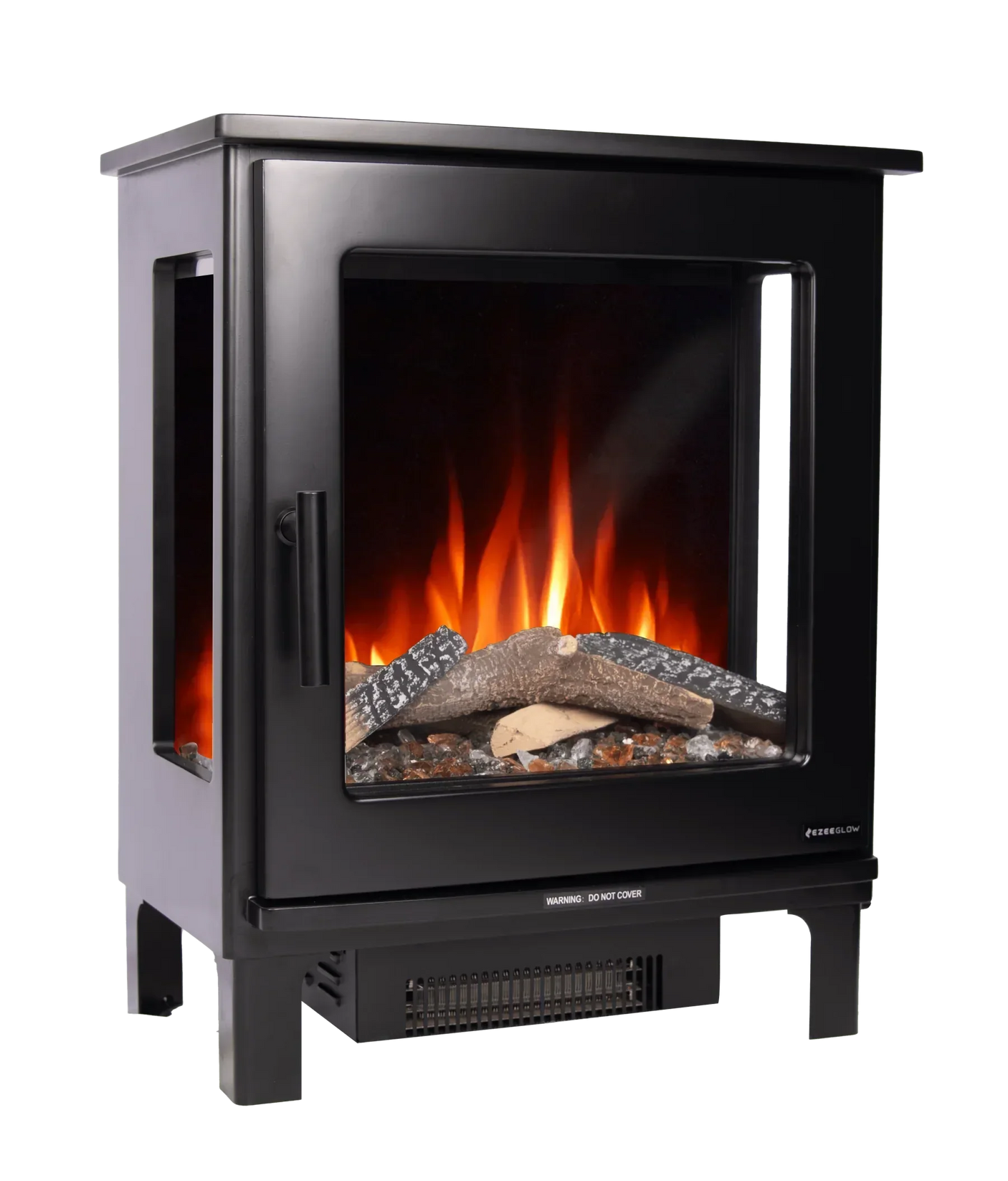 Black electric stove heater with glass front and realistic flame effect, angled left side view