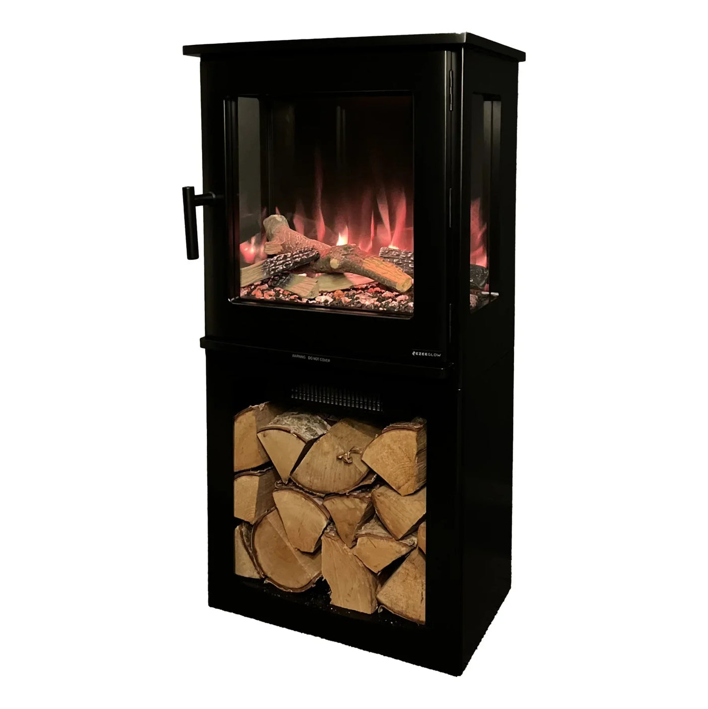 Black electric stove heater with glass front and integrated tall log storage compartment
