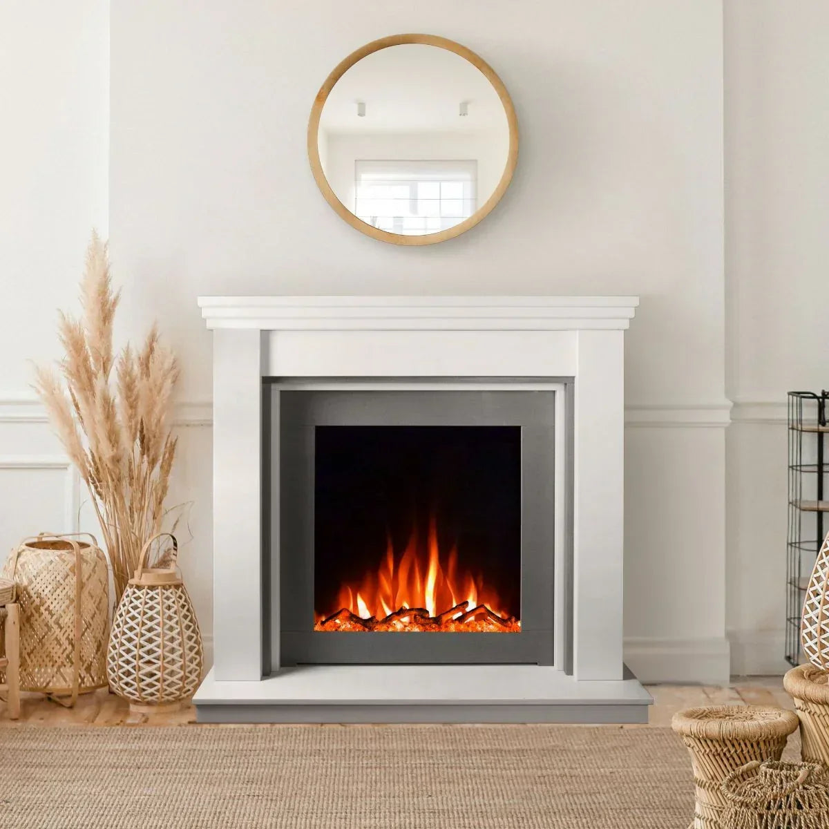 Modern electric fireplace with white mantel in neutral living room decor