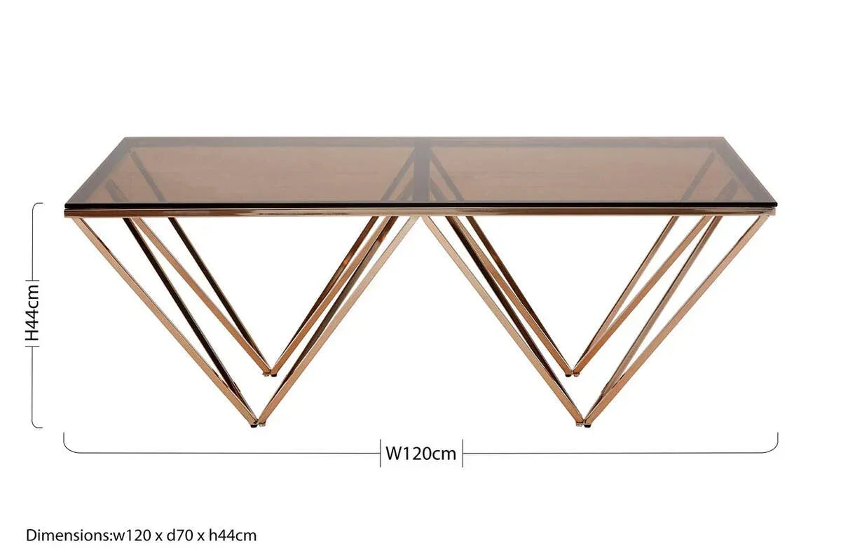 Glass top coffee table with gold geometric metal base, rectangular, 120x70x44cm