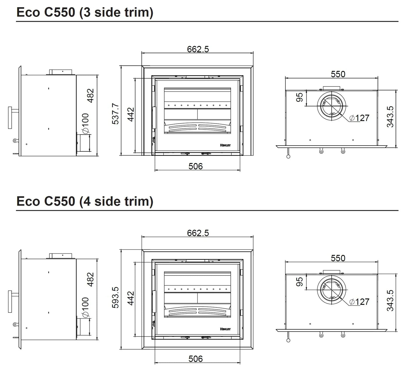 Eco C550 wood burner stove with 3 side trim technical dimensions and front profile view