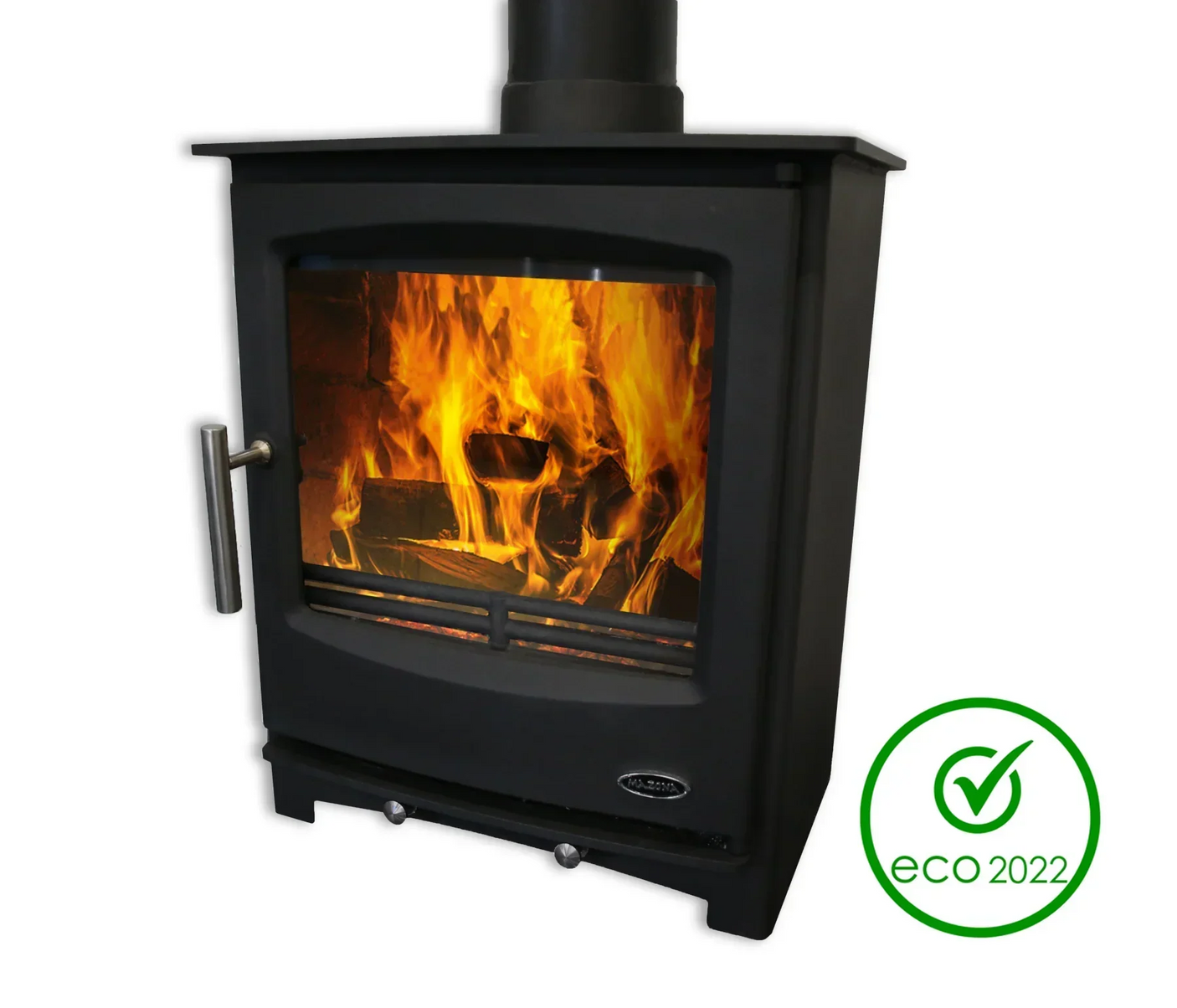 Black wood burning stove with large glass door showing flames, eco 2022 certified