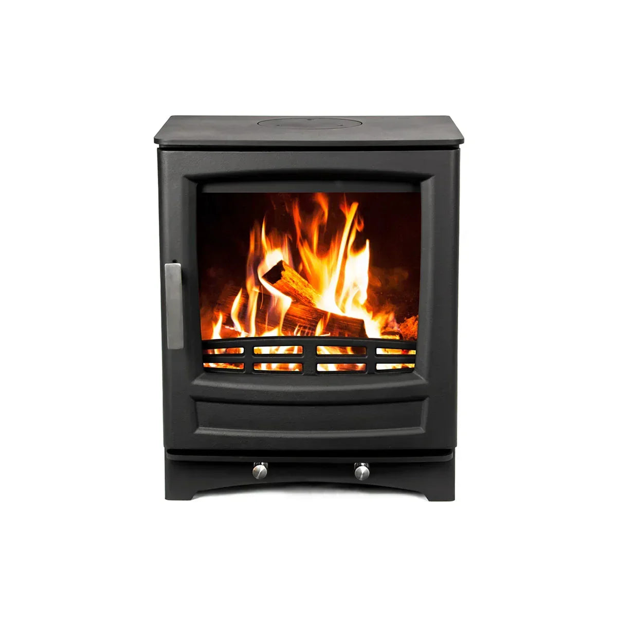 Black wood burning stove with large glass front and visible flames, front view