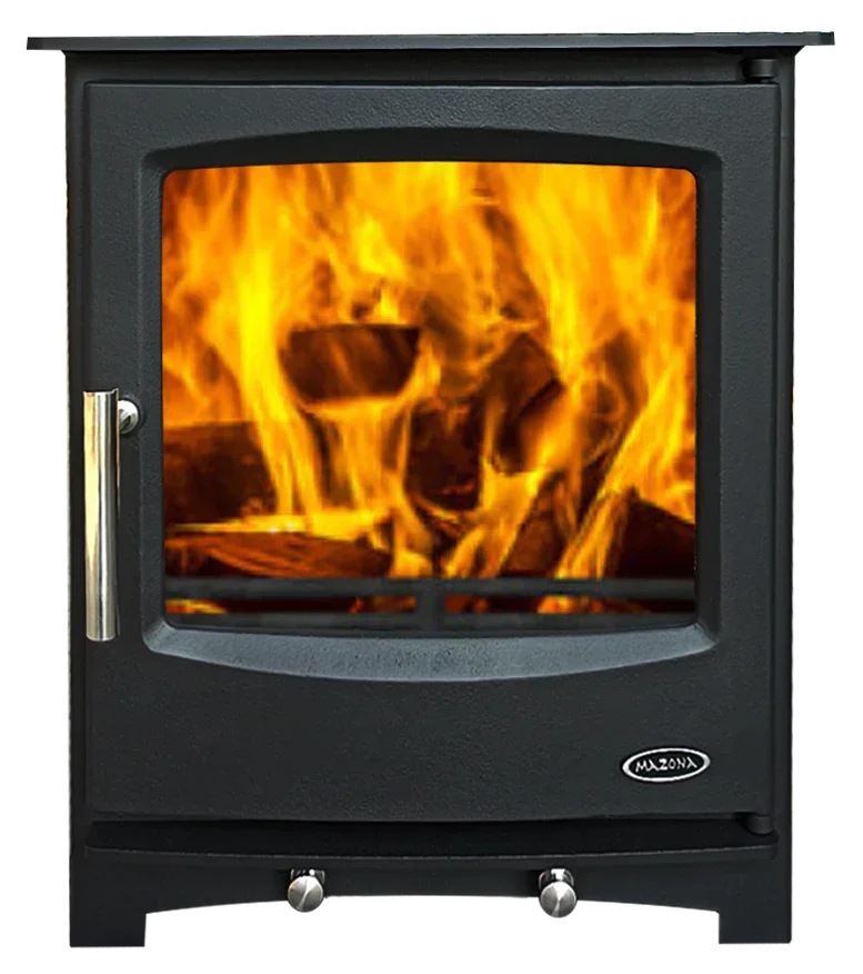 black wood burning stove with glass door and visible fire, front view