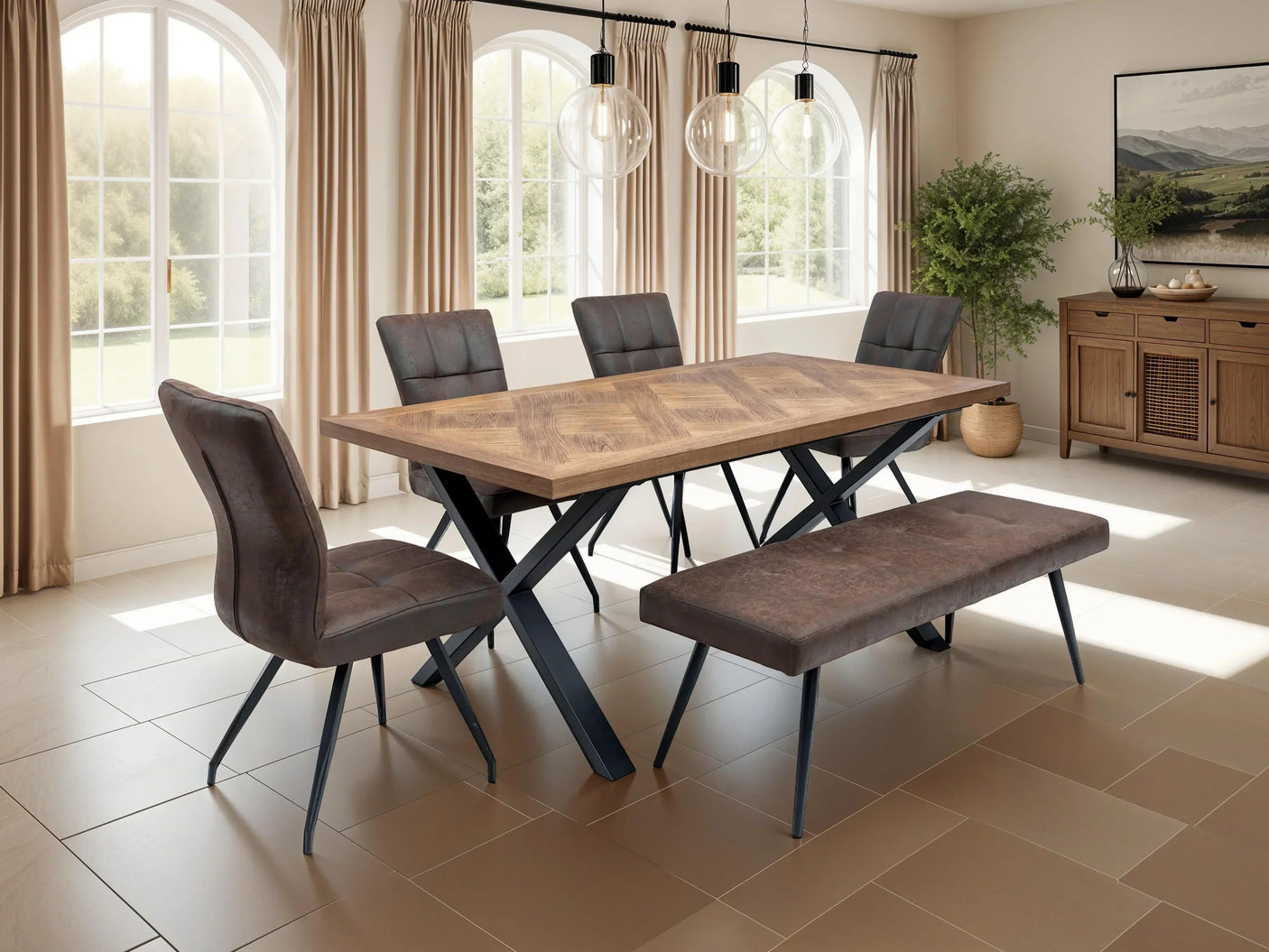 Modern wood dining table with black metal legs, brown chairs, and bench in bright dining room