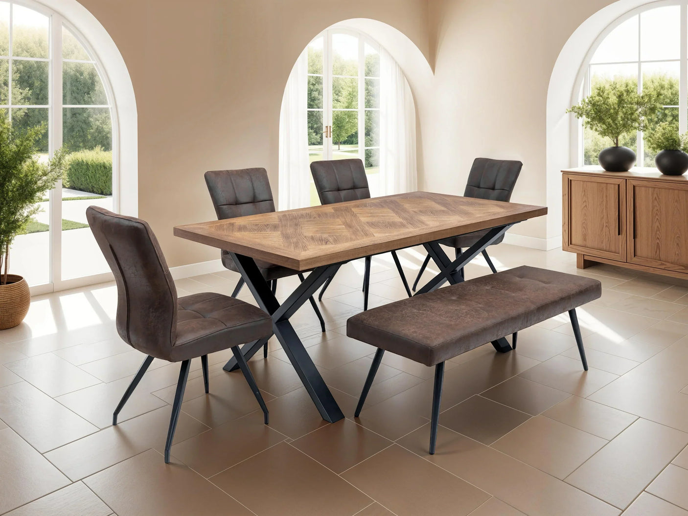 Wood dining table set with four brown chairs and upholstered bench in modern dining room
