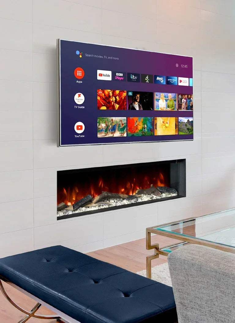 Electric wall fire under mounted smart TV in modern living room with glass coffee table