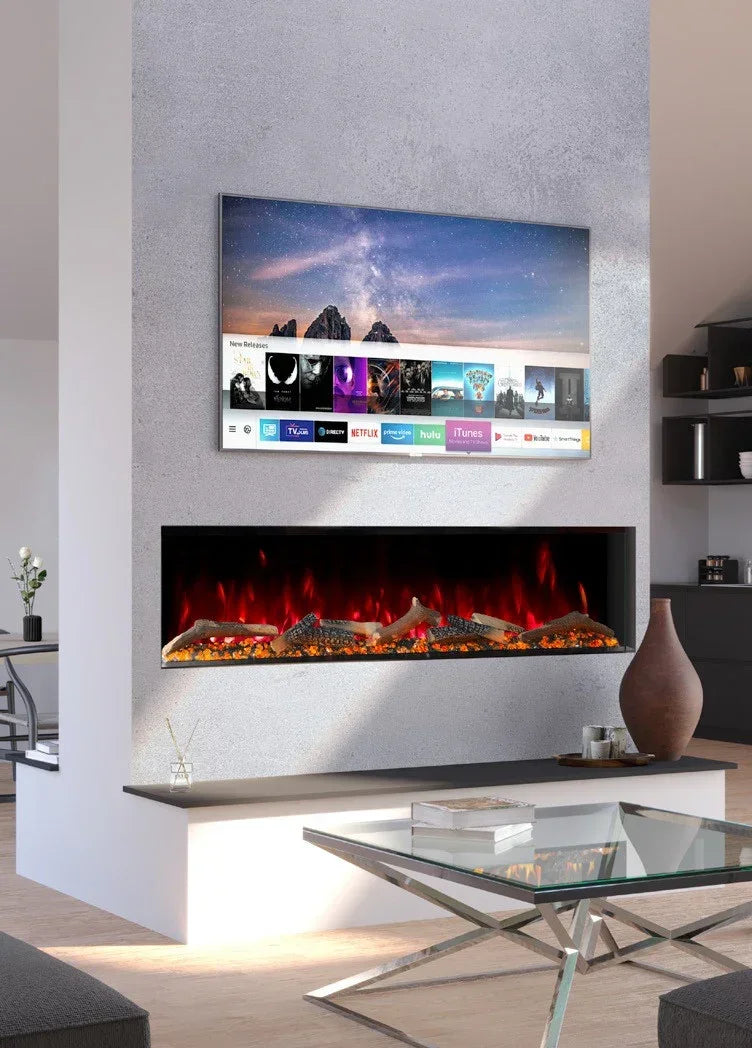Modern electric fire with realistic logs in a minimalist living room setting under wall-mounted TV