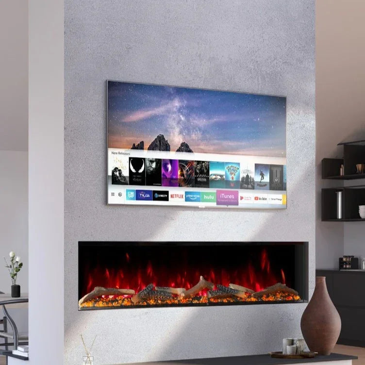 Modern electric fireplace with realistic flame effect set in a minimalist living room wall