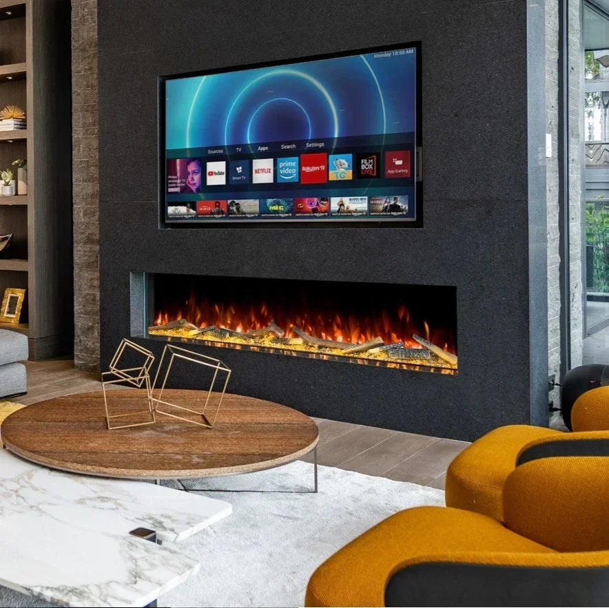 Modern electric fire set in black feature wall with TV above in contemporary living room