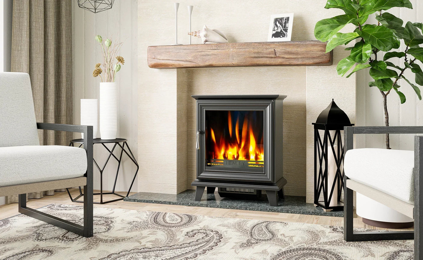 Electric stove heater with realistic flame effect in modern living room setting