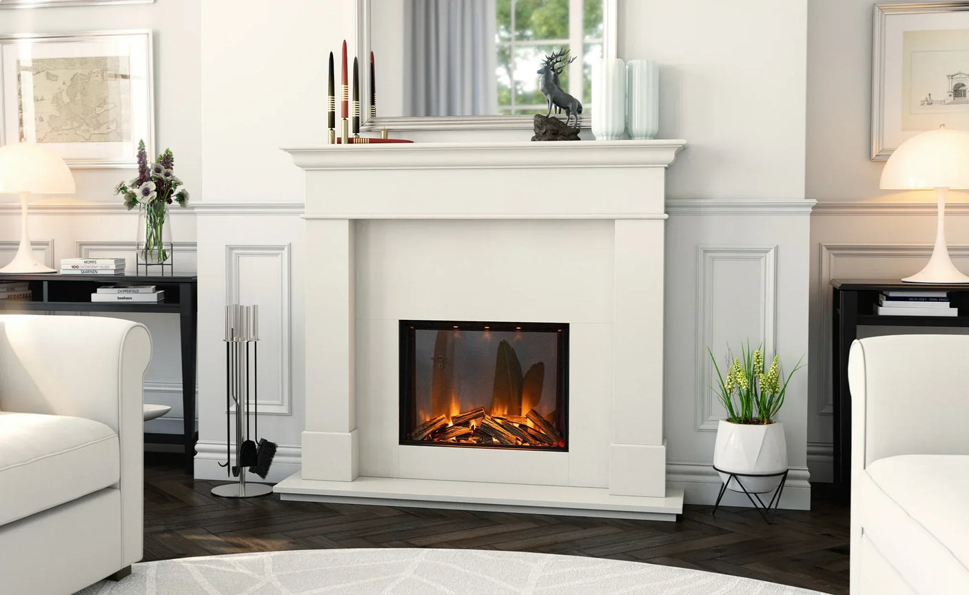 Modern white electric fireplace with realistic flame effect in a stylish living room