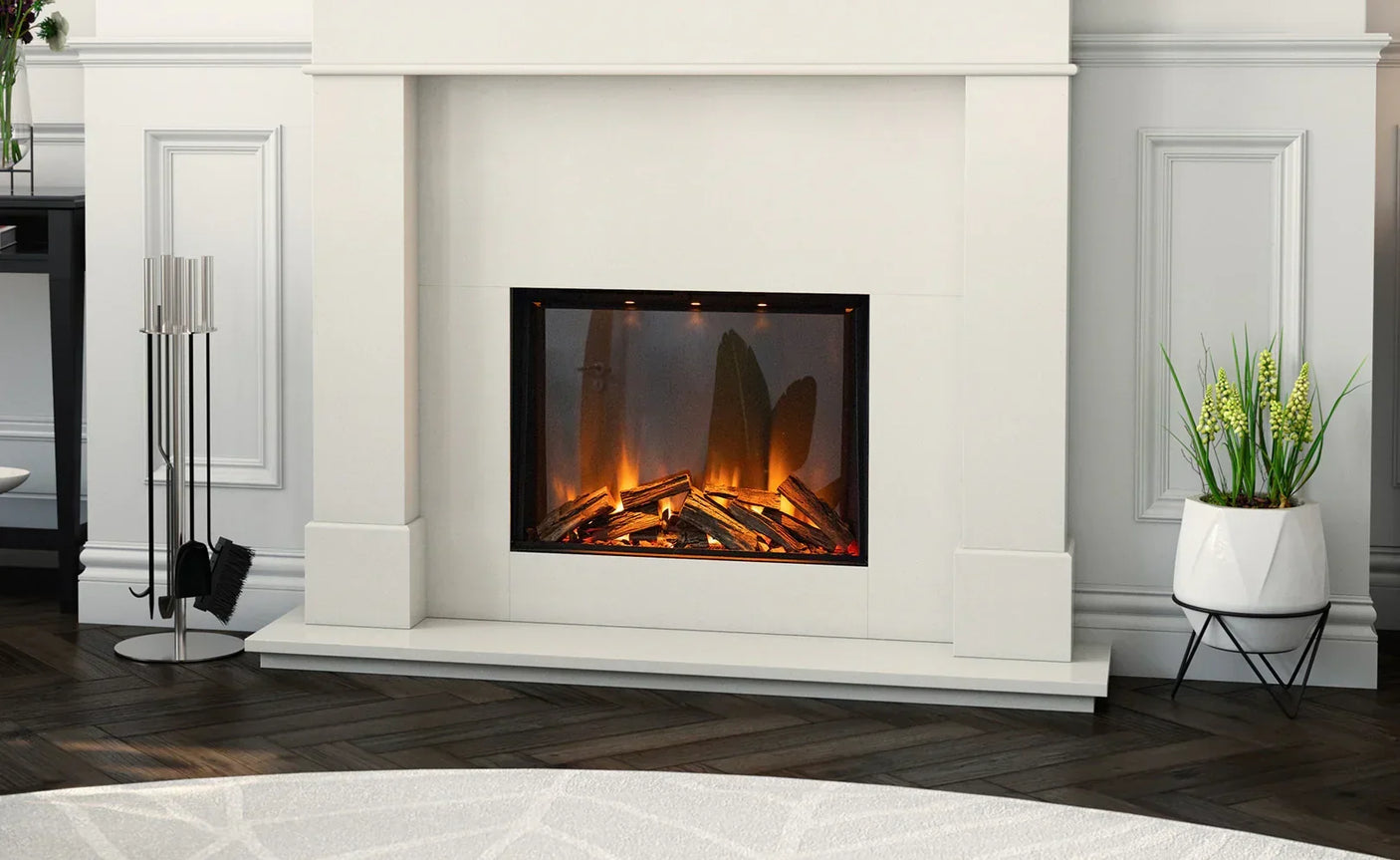 Modern electric fireplace with white surround and realistic flame effect in living room