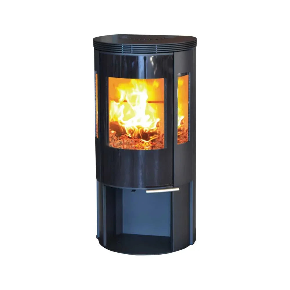 Black cylindrical wood burning stove with glass panels showing fire inside