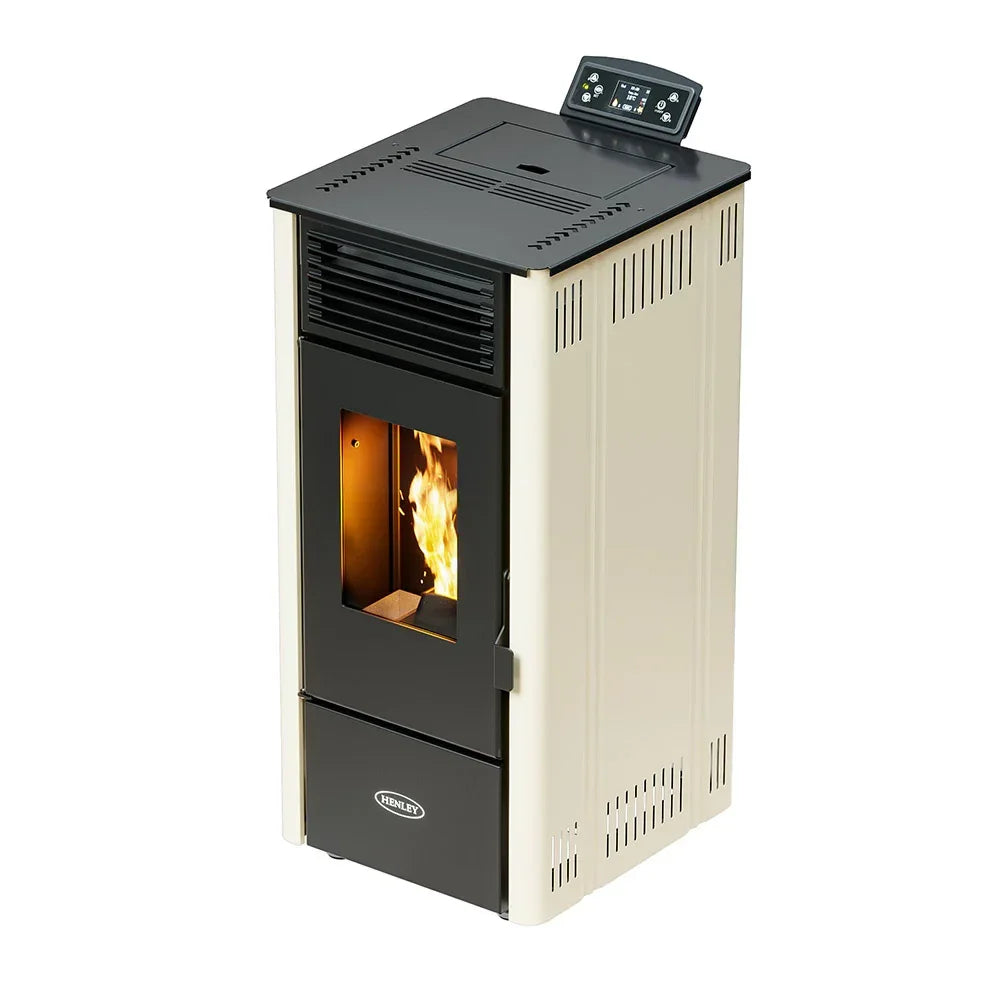 Cream freestanding pellet stove with digital control panel and visible burning flame