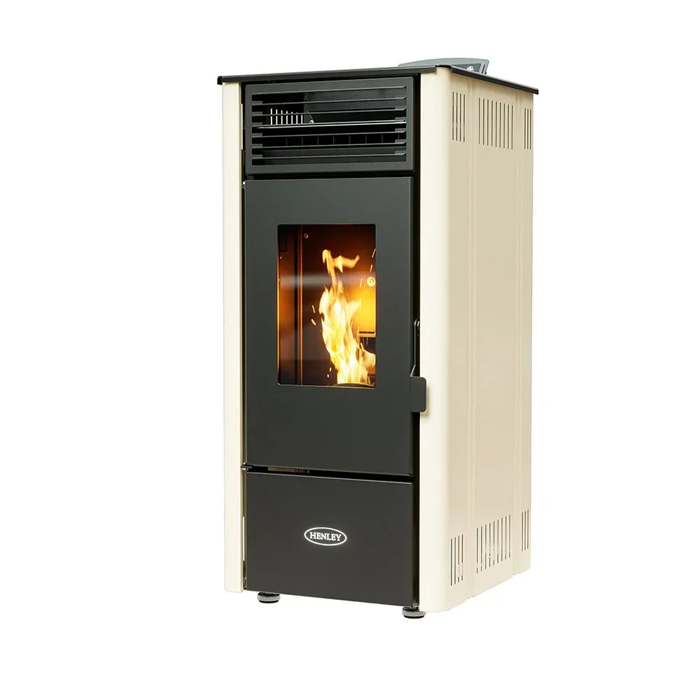 Cream freestanding wood burning stove with glass door showing lit fire