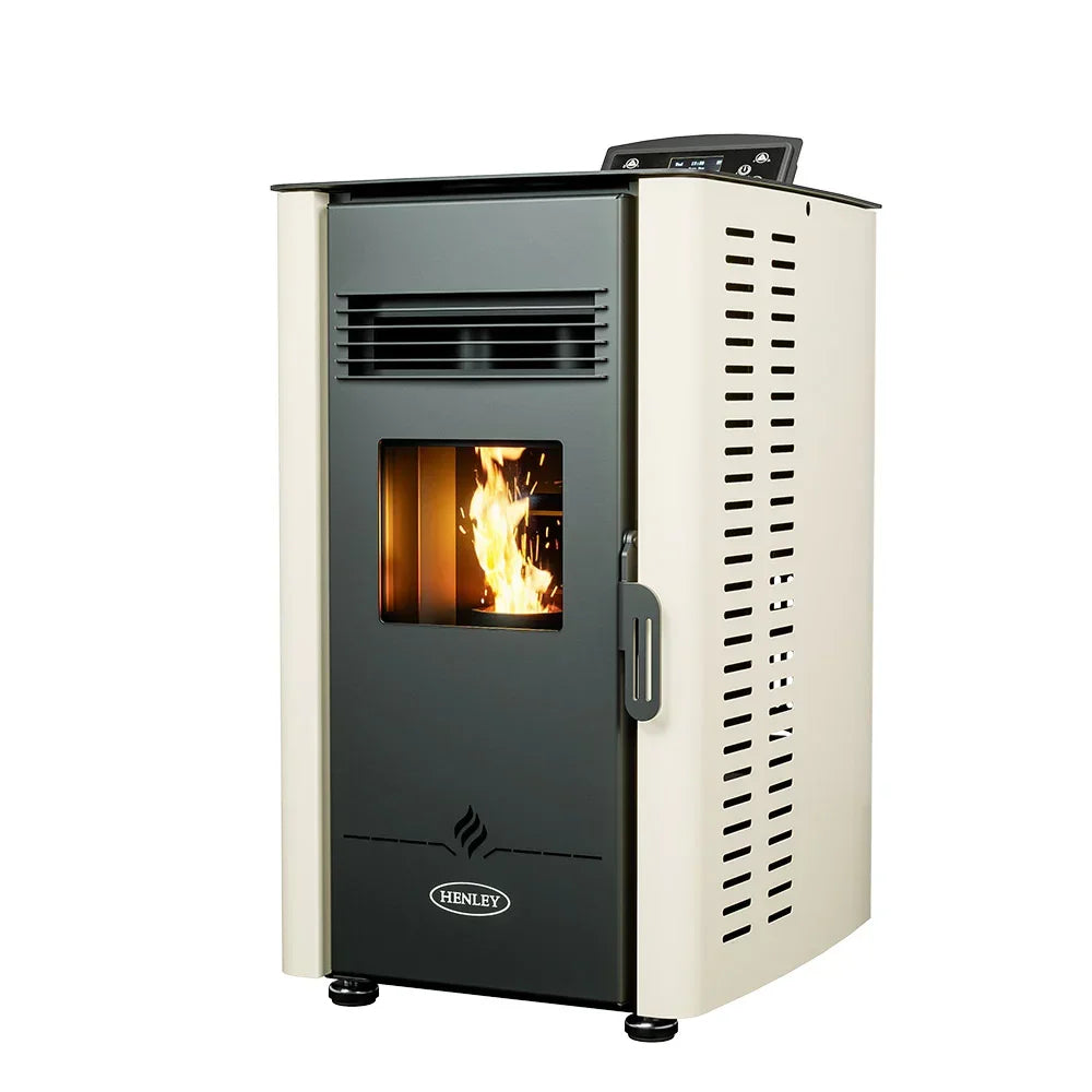 cream freestanding pellet stove with digital control and front window showing active flame