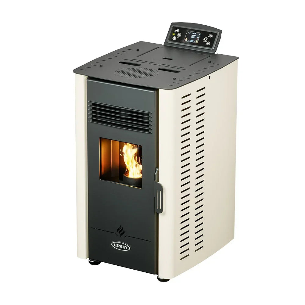 Cream freestanding pellet stove with digital control panel and visible flame through front window