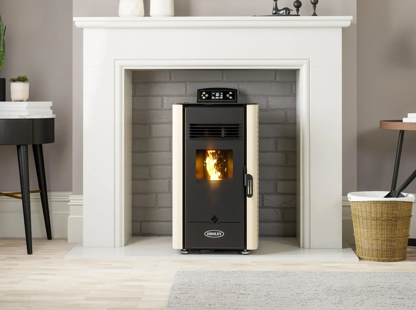 Cream pellet stove with glass window and digital display set in modern living room fireplace