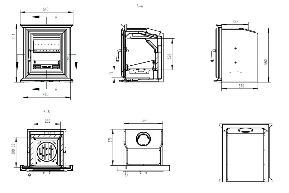 Elmwood stove insert technical drawing with dimensions and side, top, and front views