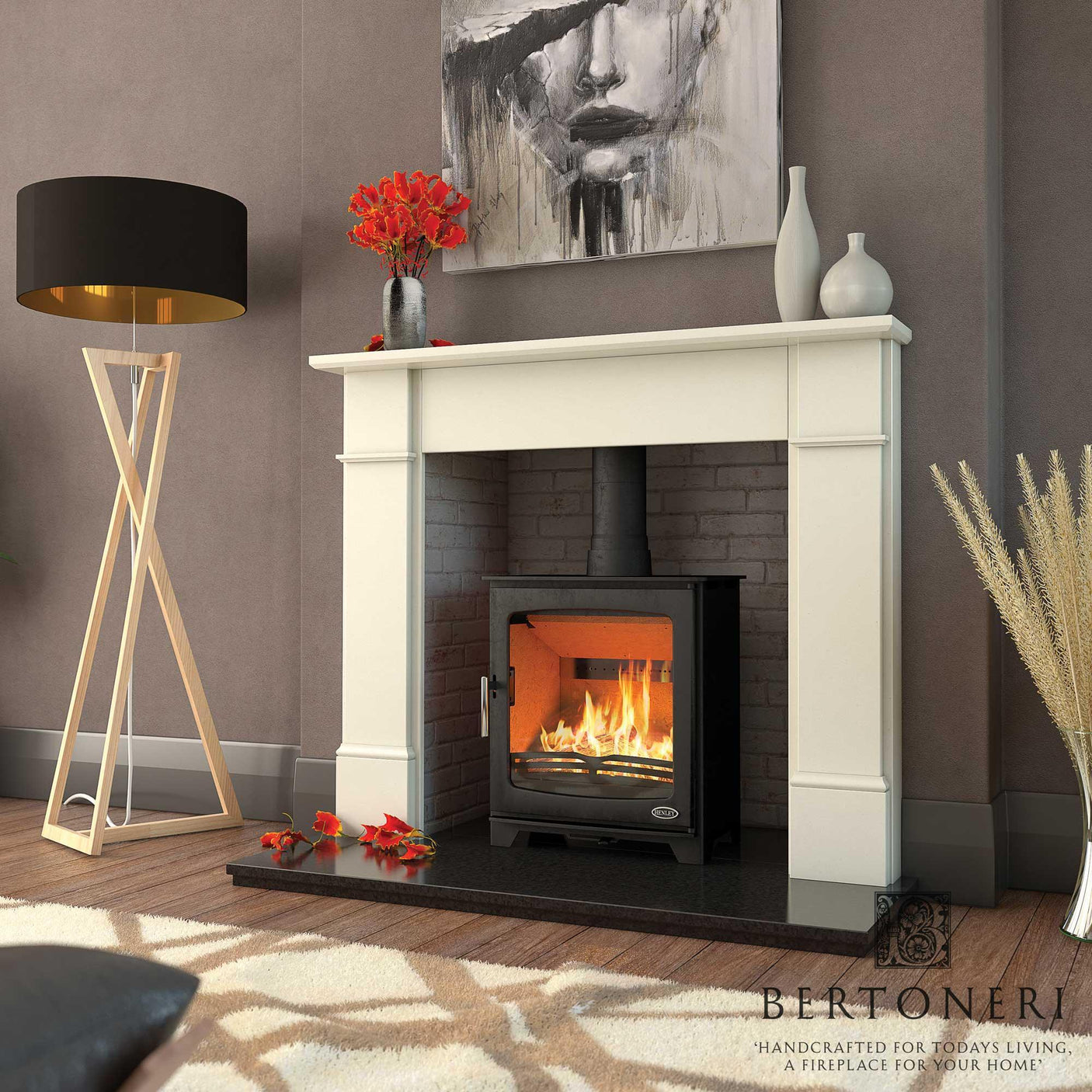 Cream fireplace surround with wood burning stove in modern living room setting