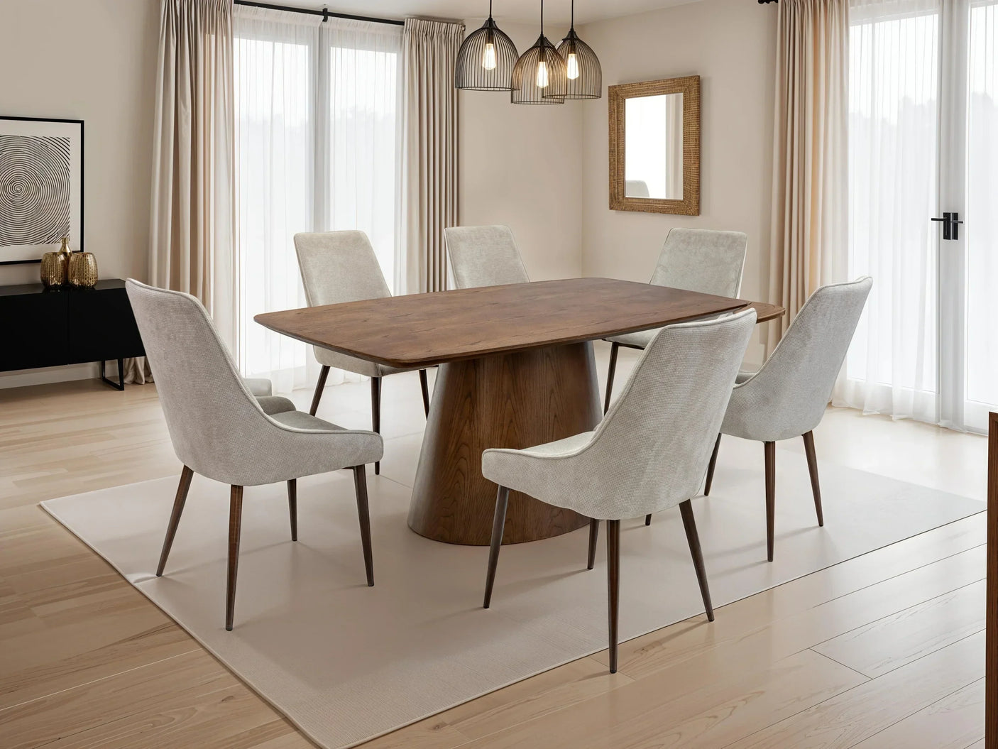 Modern dining table with six light grey chairs on cream rug in bright dining room