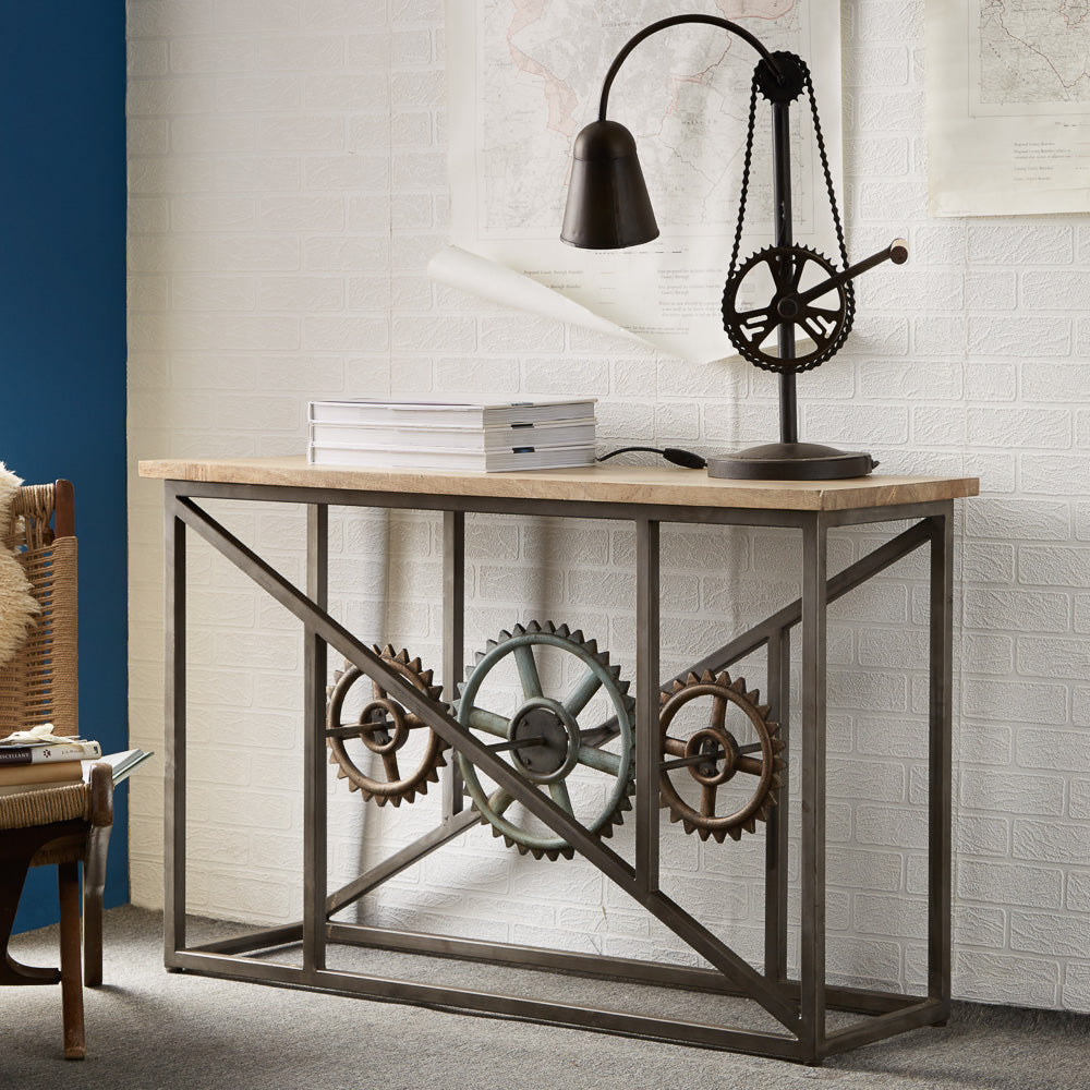 Evoke console table with wheels made from solid hardwood and reclaimed metal