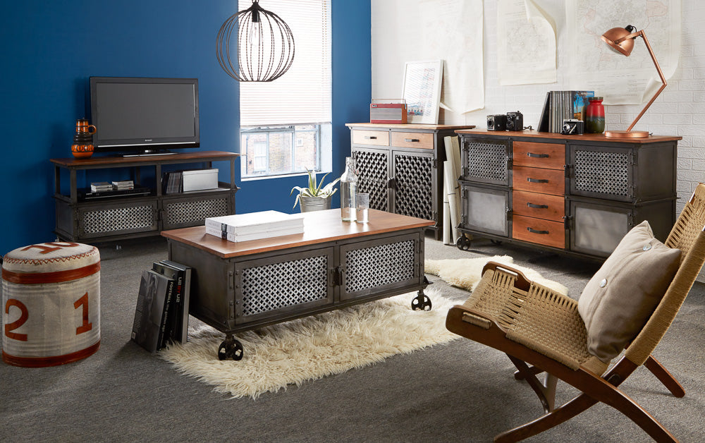 Evoke Bar Cabinet made from solid hardwood and reclaimed metal