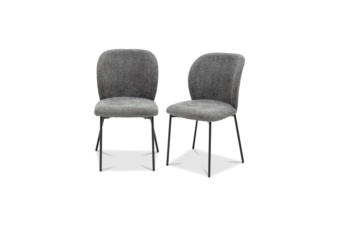 Two modern dining chairs with textured gray fabric upholstery and slim black metal legs, shown side by side on a white background.