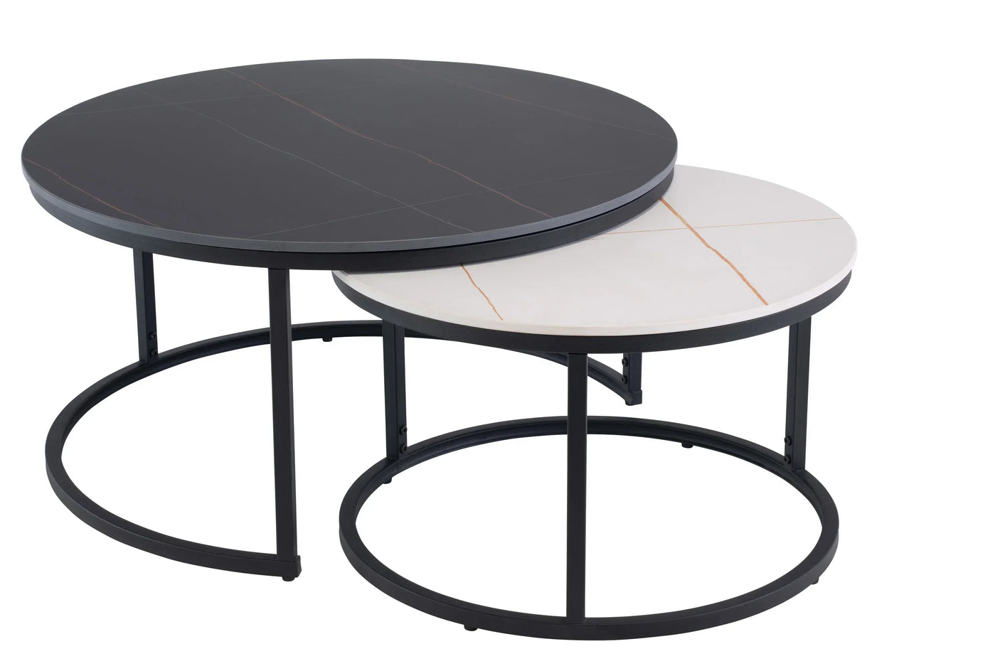 Round nesting coffee tables with black and white marble tops and black metal frames