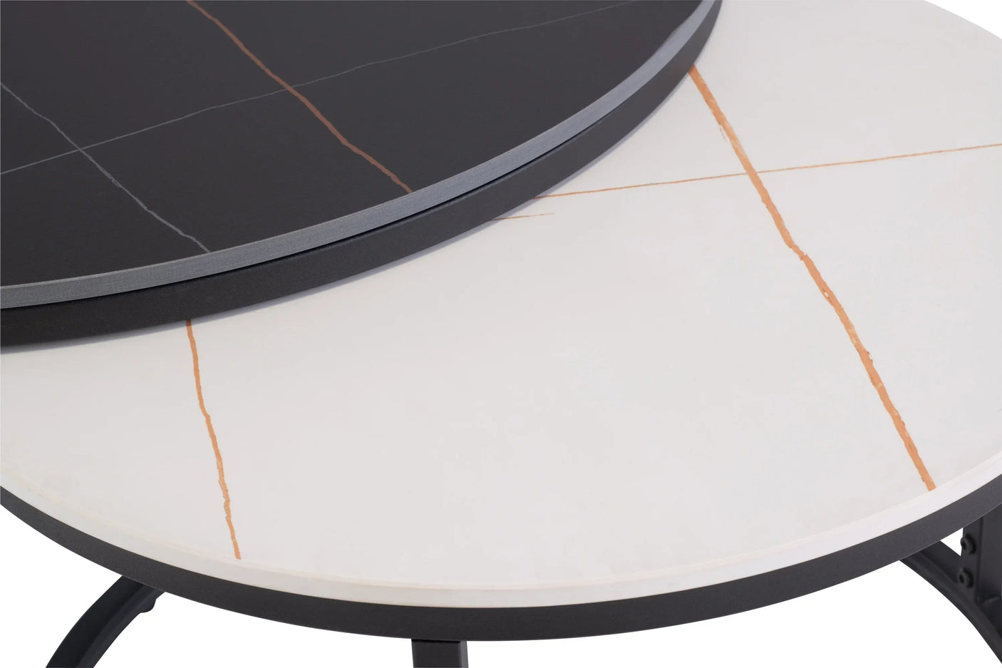 Close-up of round nesting coffee tables with black and white marble effect tops