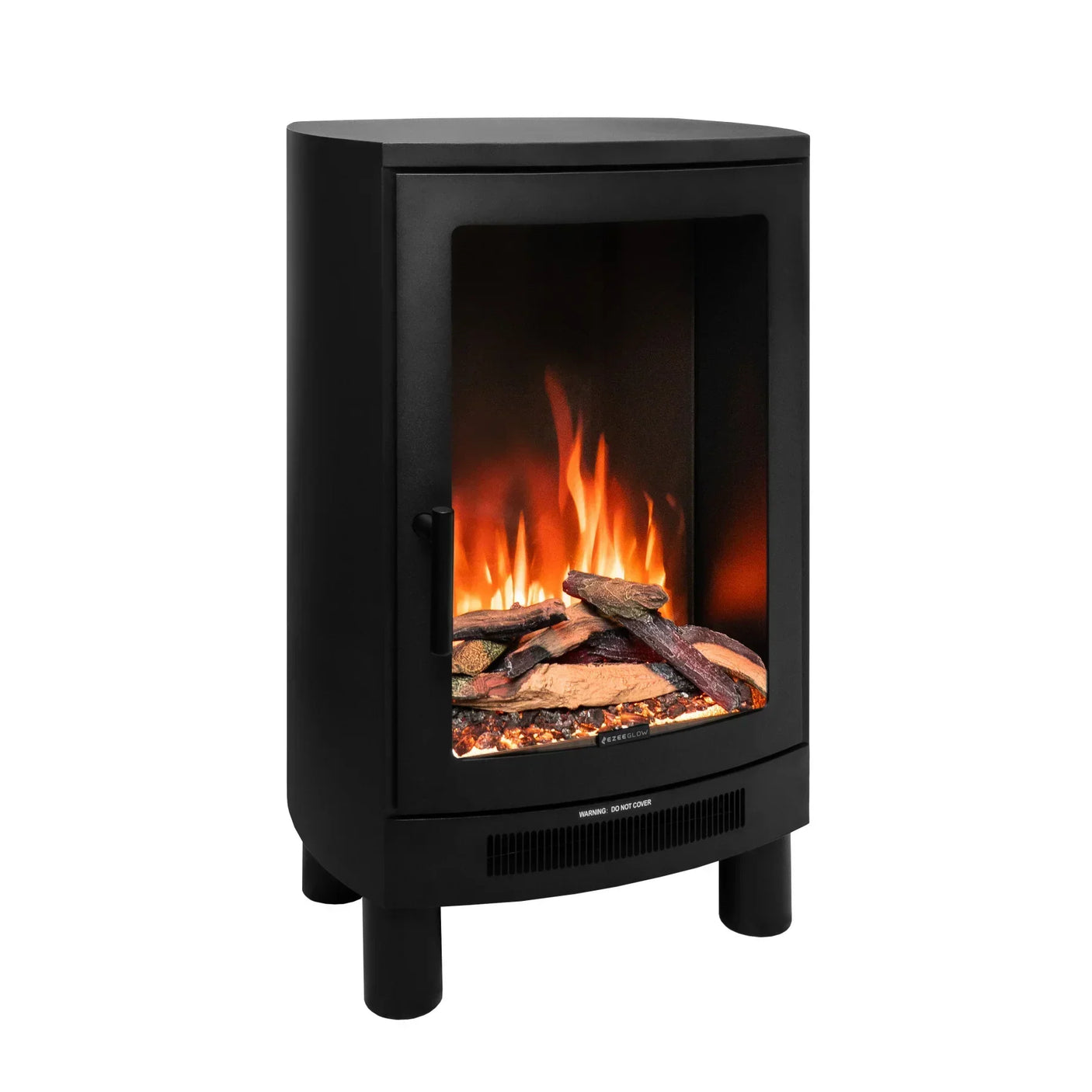 black electric stove heater with realistic flame effect and log detail, side view