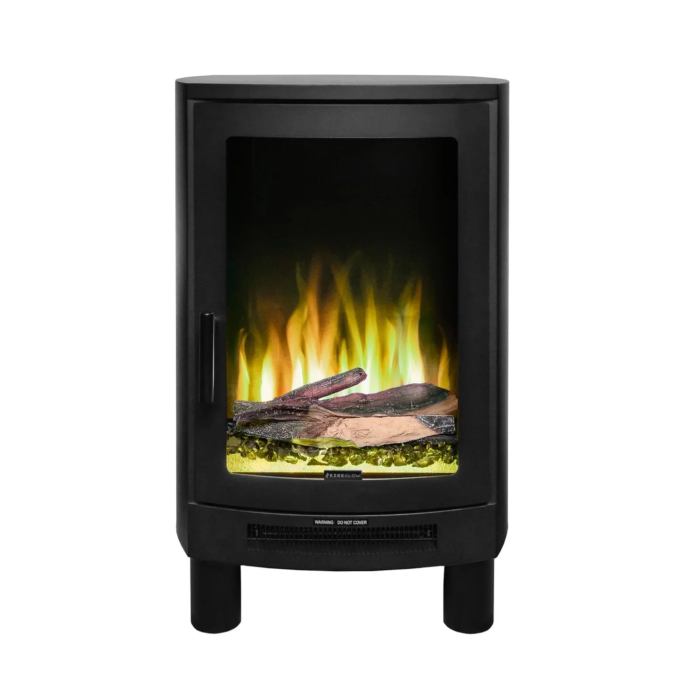 Black electric stove heater with realistic flame effect and logs, front view