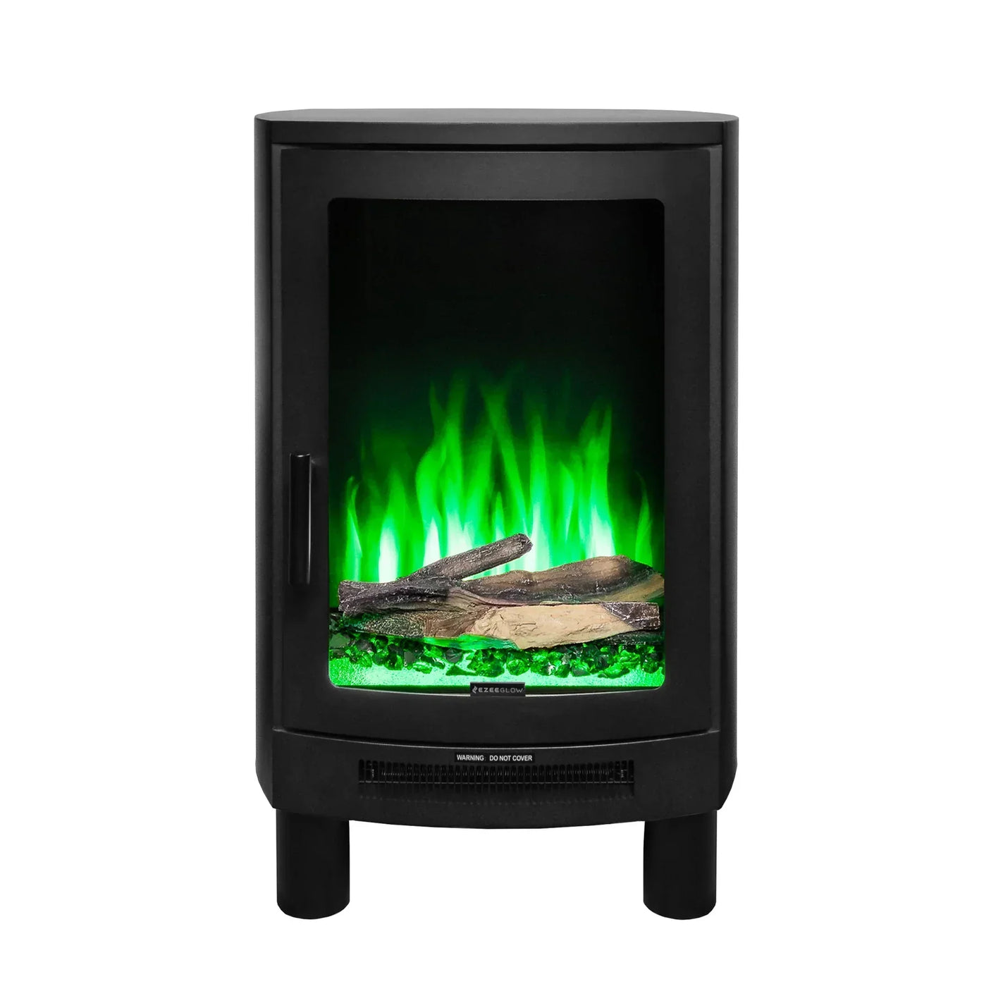 Black electric stove heater with realistic green flame effect and log detail front view