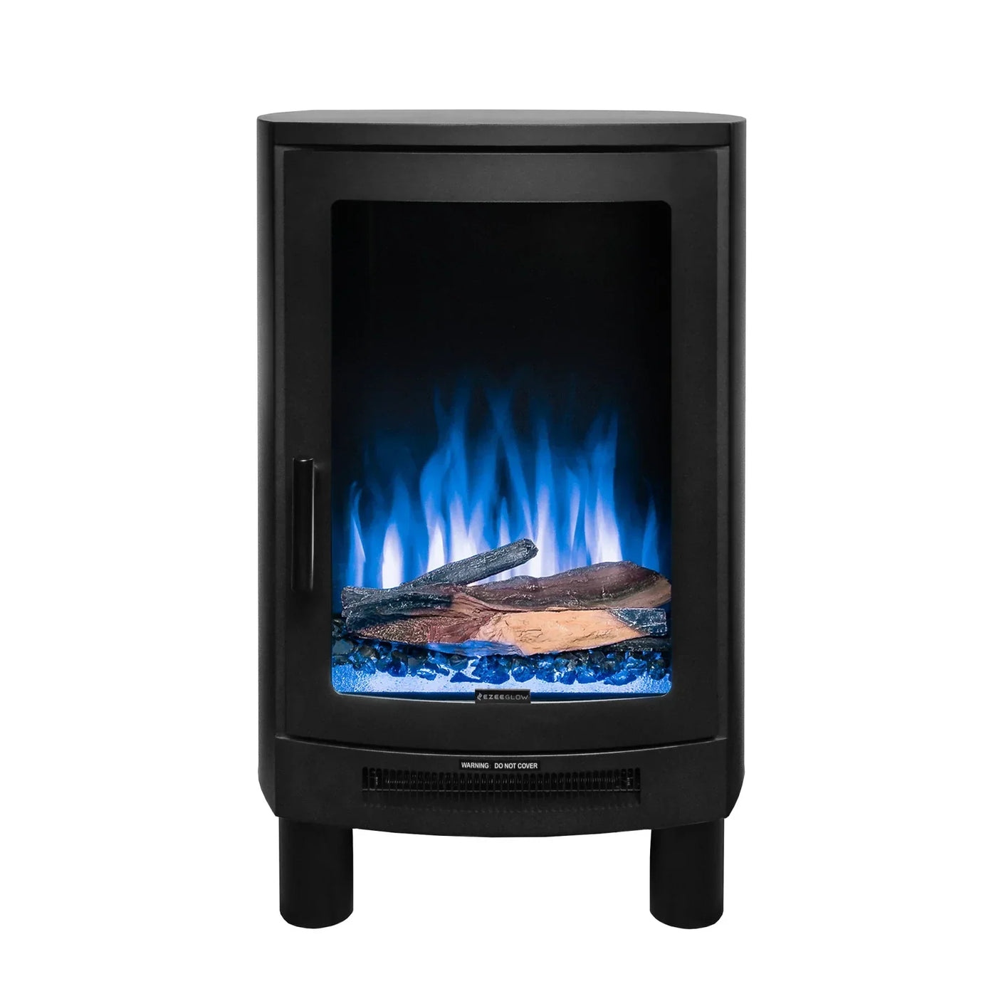 Black electric stove heater with blue flame effect and log detail front view