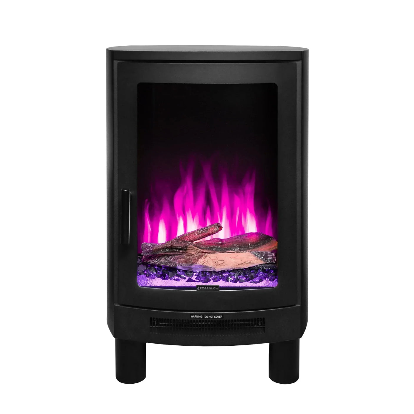 Black electric stove heater with log effect and purple LED flame display