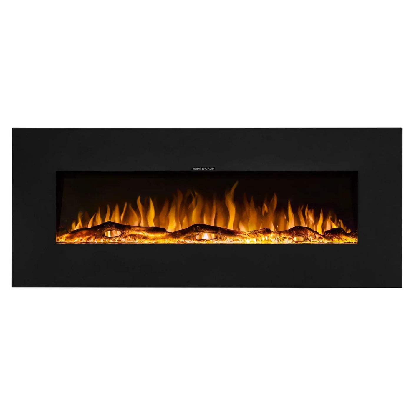 Black wall mounted electric fire with realistic flame effect and log details