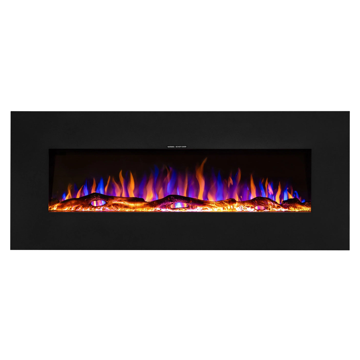 Black wall-mounted electric fireplace with realistic multicolour flame and log effect