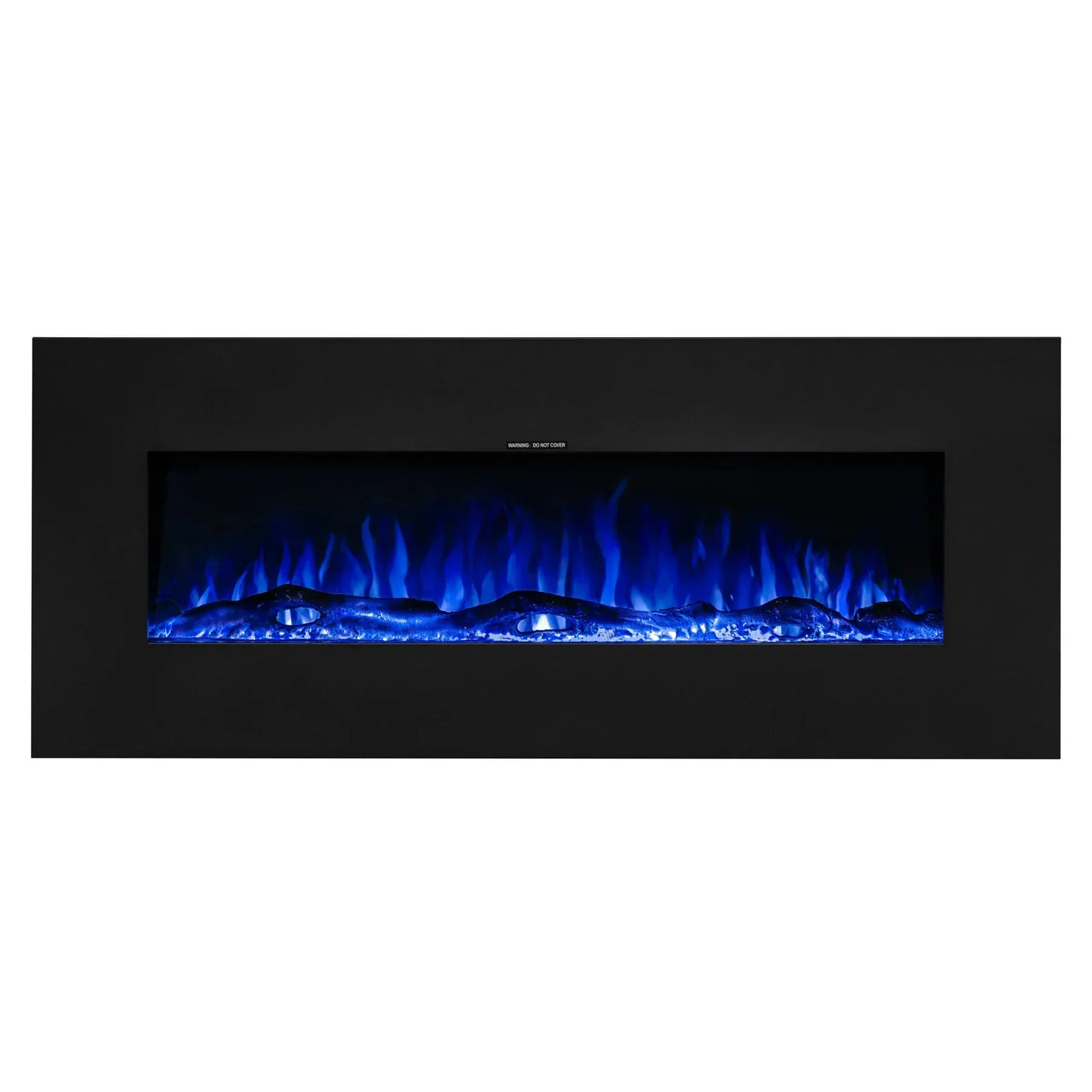 Wall mounted electric fire with blue LED flame effect and black frame