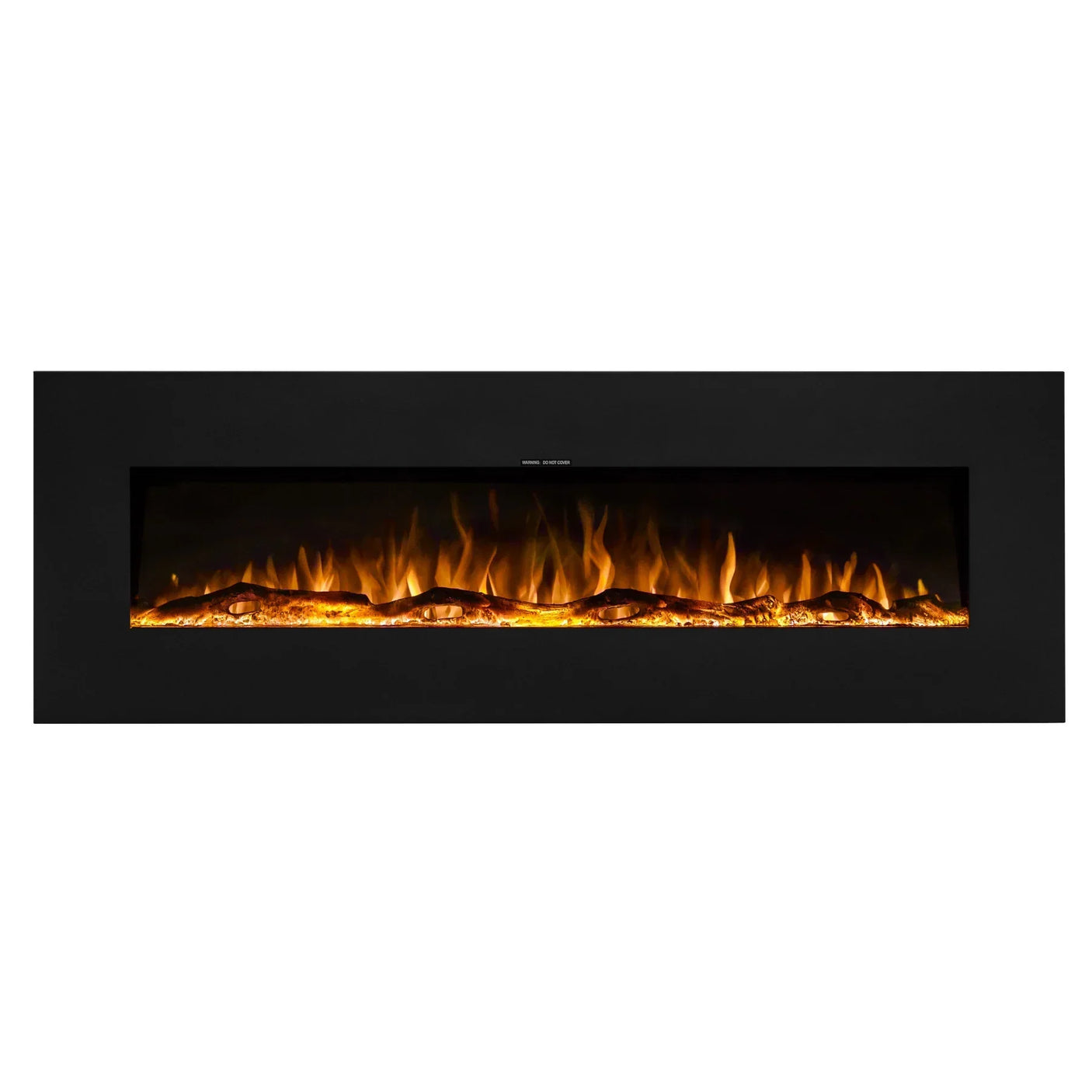 Wall mounted electric fire with black frame and realistic flame effect